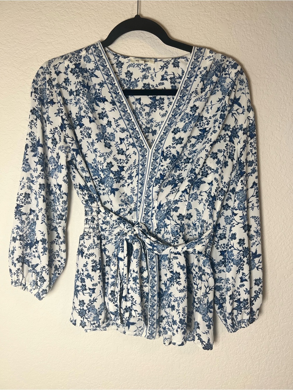 Max Studio Blue and White Floral V-Neck Wrap Tie Blouse